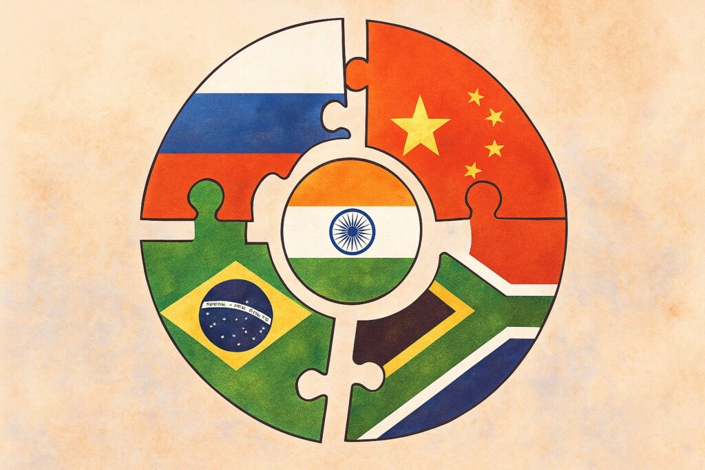 Illustration des drapeaux des pays BRICS en forme de puzzle : Brésil, Russie, Inde, Chine, Afrique du Sud