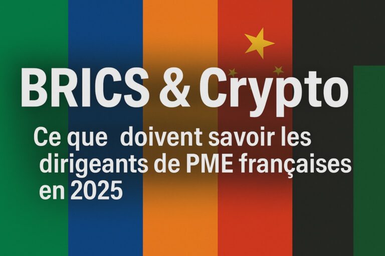Analyse des BRICS et de la crypto en 2025, avec un visuel des drapeaux et un titre destiné aux dirigeants de PME françaises.