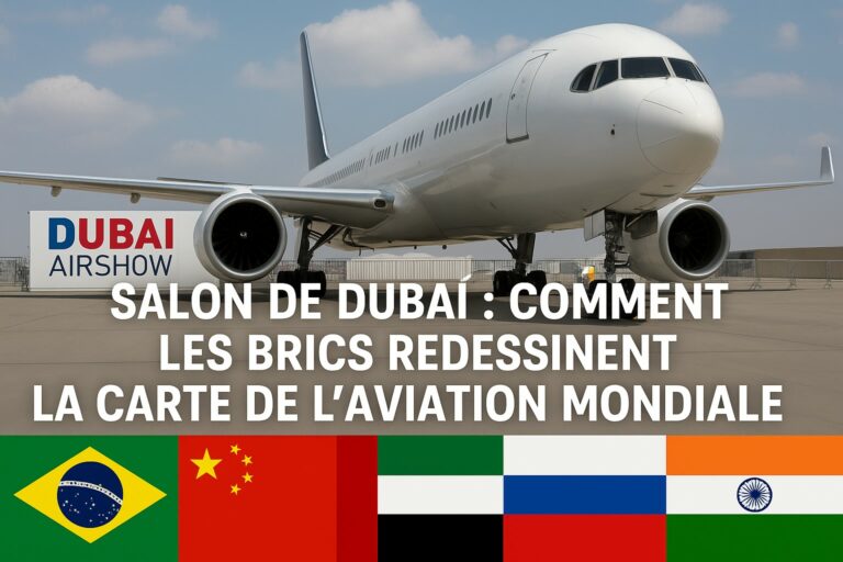 Aéronef au Salon de Dubaï avec les drapeaux des pays BRICS, illustrant leur influence croissante dans l’aviation mondiale.