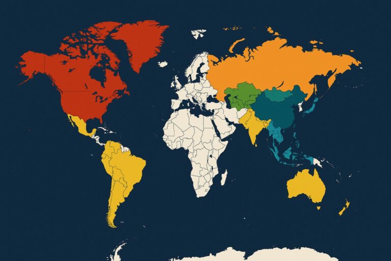 Carte du monde illustrant les pays des BRICS — Brésil, Russie, Inde, Chine et Émirats arabes unis — sur fond bleu, symbolisant leurs interconnexions et tensions régionales en 2025.
