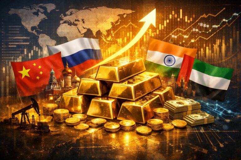 Illustration représentant des lingots d’or entourés des pays BRICS+, symbolisant le rôle stratégique de l’or dans les équilibres financiers mondiaux