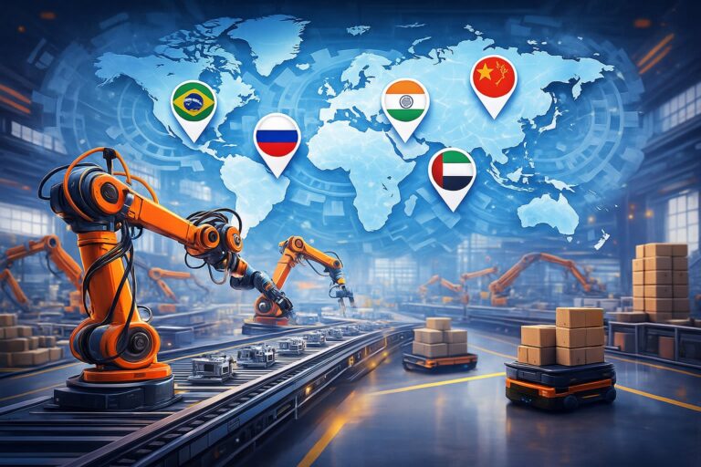 Illustration montrant des robots industriels en action devant une carte du monde mettant en avant les pays des BRICS, symbolisant la montée en puissance de leur automatisation.