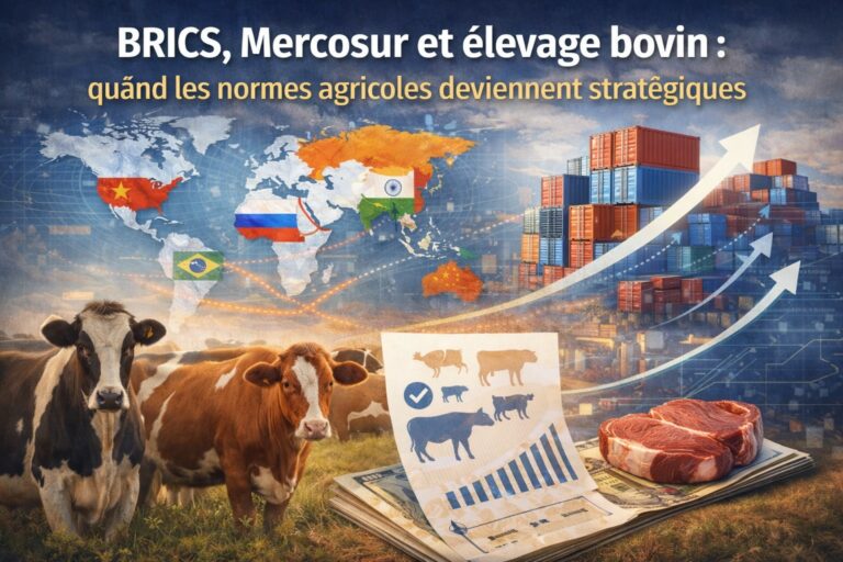 Carte illustrée des pays BRICS et Mercosur montrant l’élevage bovin, le commerce de viande et les normes agricoles comme enjeu stratégique