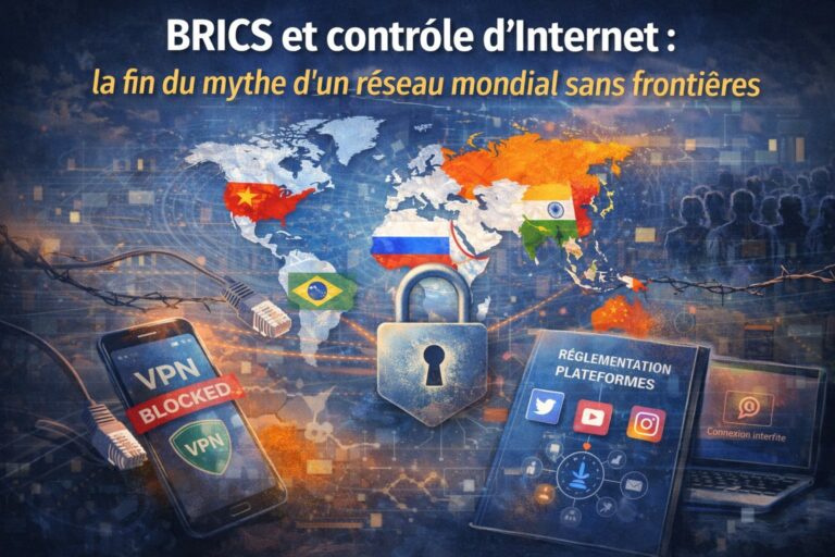 Carte du monde illustrant le contrôle d’Internet par les pays BRICS et la fragmentation du réseau mondial