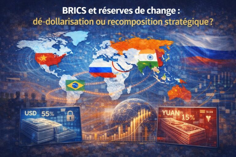 Carte des BRICS illustrant l’évolution des réserves de change 2000-2025, dollar et or
