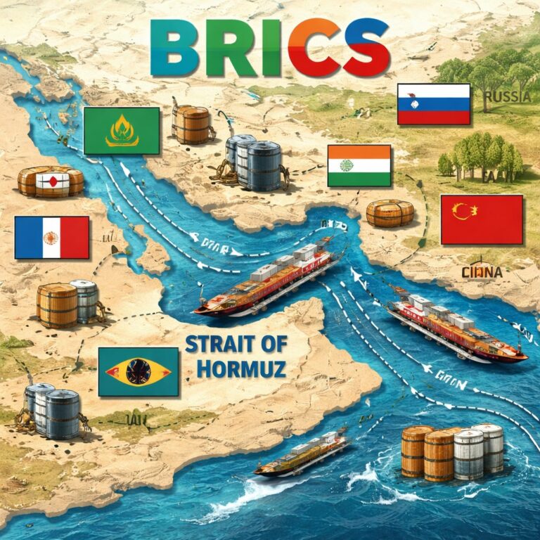Carte du détroit d’Ormuz montrant les routes énergétiques et les pays BRICS concernés par le commerce du pétrole et du gaz