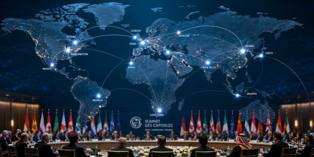 Carte du monde illustrant le réseau de coopération des pays BRICS+, avec les capitales reliées entre elles lors d’un sommet diplomatique international.