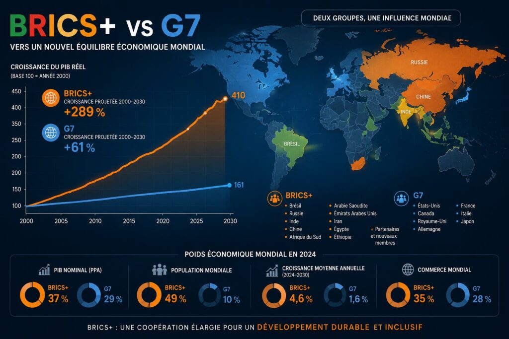 Graphique comparatif illustrant la croissance économique des BRICS+ et du G7, mettant en évidence l’évolution du poids économique mondial des économies émergentes.
