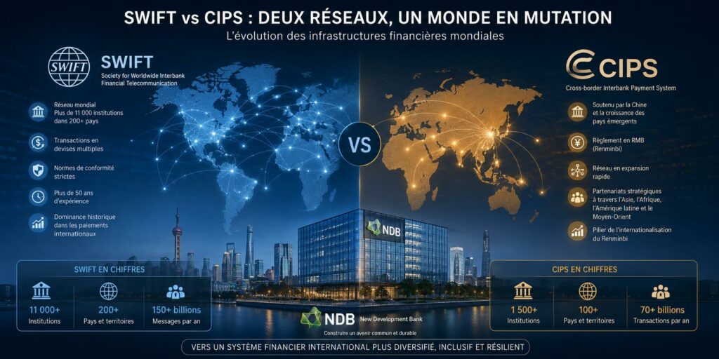 Comparaison visuelle entre les réseaux financiers internationaux SWIFT et CIPS, illustrant l’évolution des systèmes de paiement mondiaux et le rôle croissant des BRICS+.